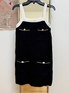 English Factory Black Knit Pocket Dress with White Trim and Gold Buttons